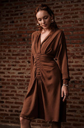 Front Ruched Batwing Sleeve Dress-Brown